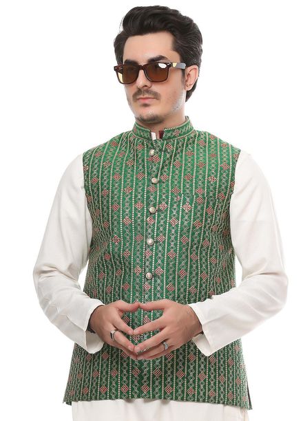 Real Image Jamawar  Waistcoats for Men -  W-68 Green