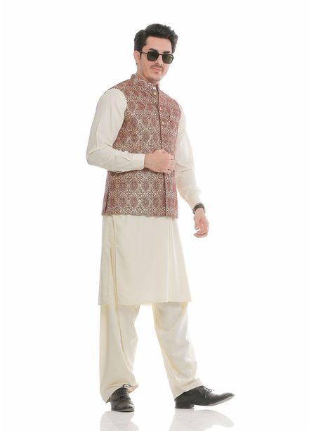Real Image Jamawar  Waistcoats for Men -  W-70 Gold