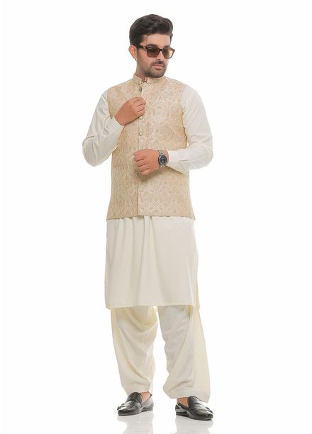 Real Image Jamawar  Men Waistcoats -  W-71 Beige