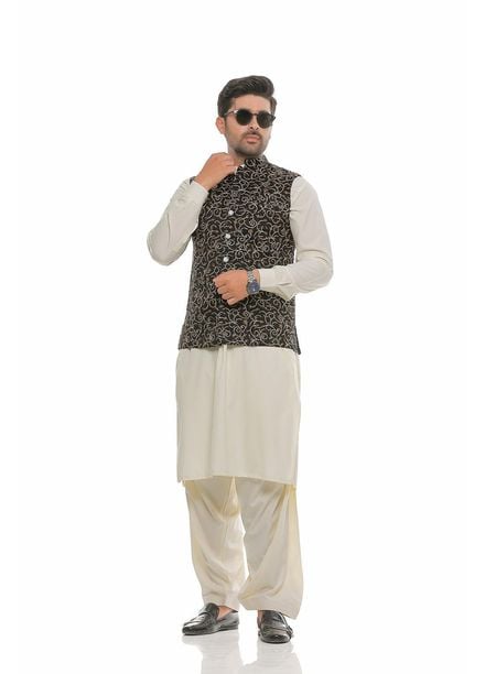 Real Image Jamawar  Waistcoats for Men -  W-75 Black