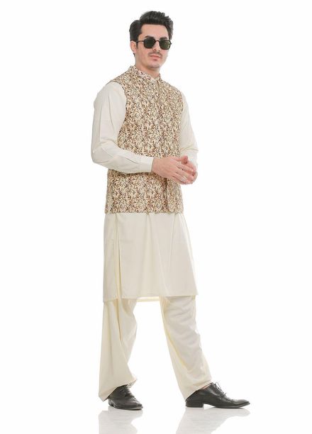 Real Image Jamawar  Men Waistcoats -  W-82 Gold