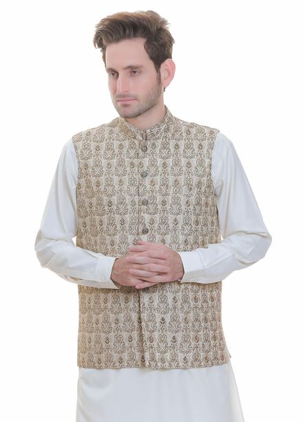 Real Image Jamawar  Waistcoats for Men -  W-99 Gold