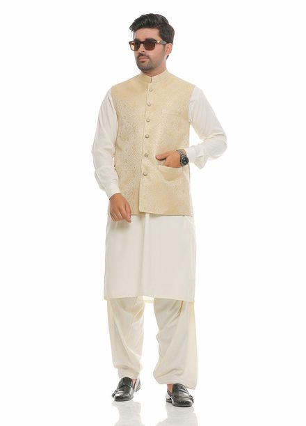 Real Image Jamawar  Waistcoats for Men -  WP-85 Gold