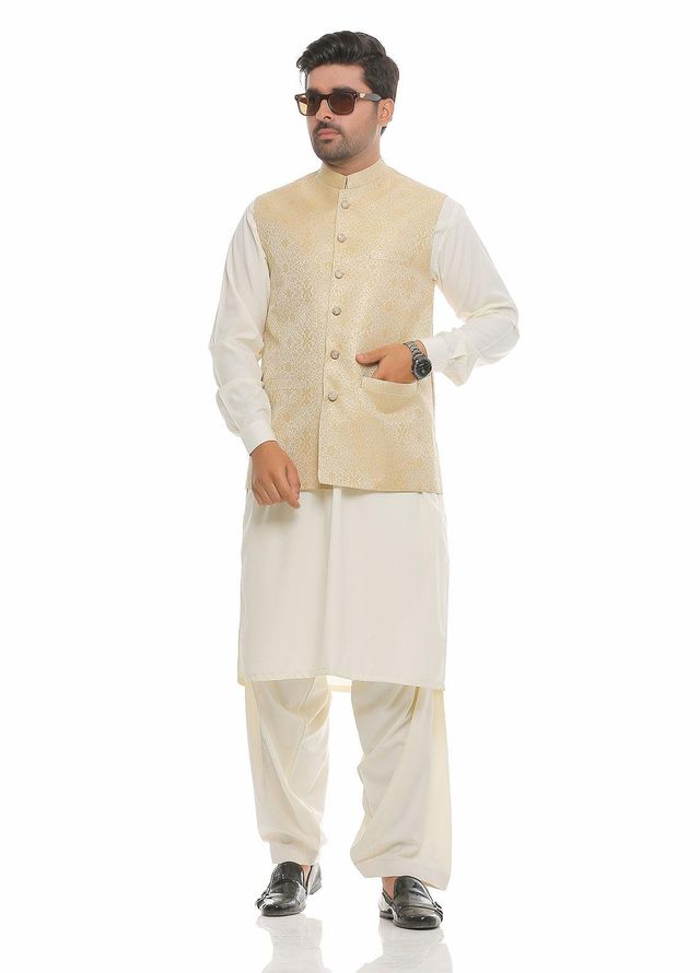 Real Image Jamawar  Waistcoats for Men -  WP-85 Gold