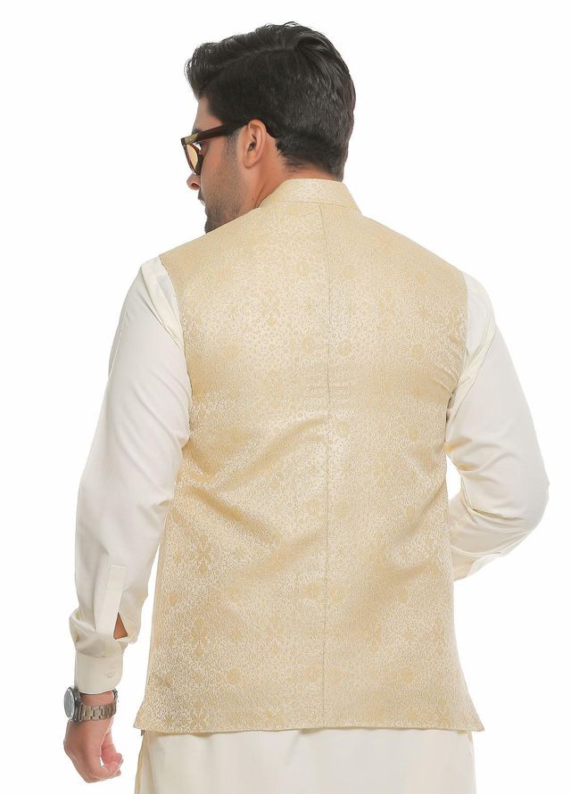 Real Image Jamawar  Waistcoats for Men -  WP-85 Gold