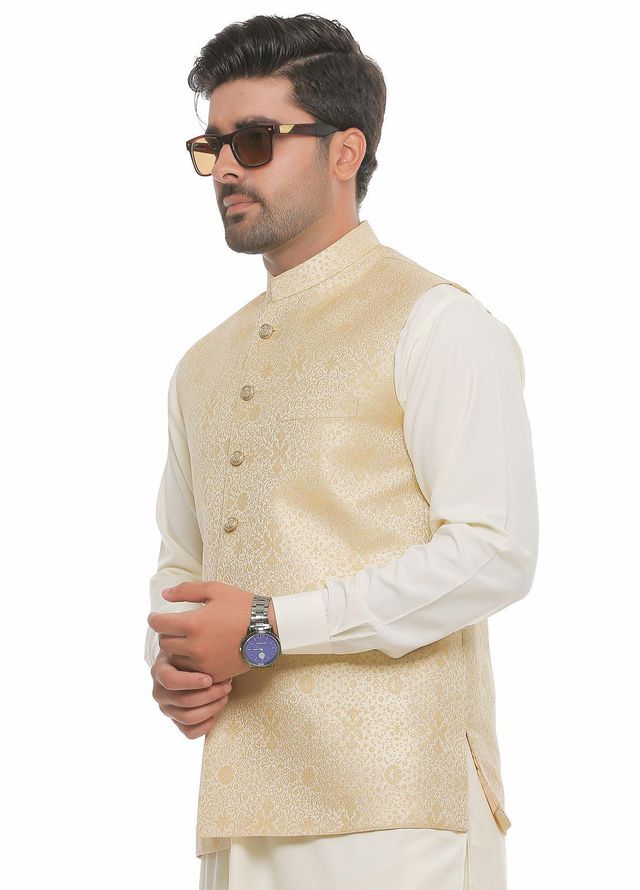 Real Image Jamawar  Waistcoats for Men -  WP-85 Gold