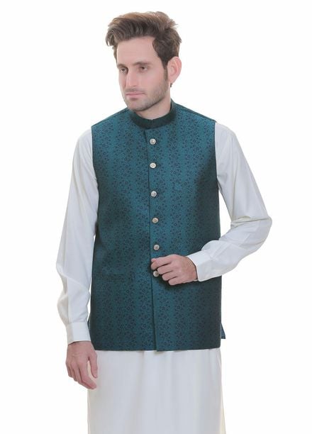 Real Image Jamawar  Men Waistcoats -  WP-88 Sea Green