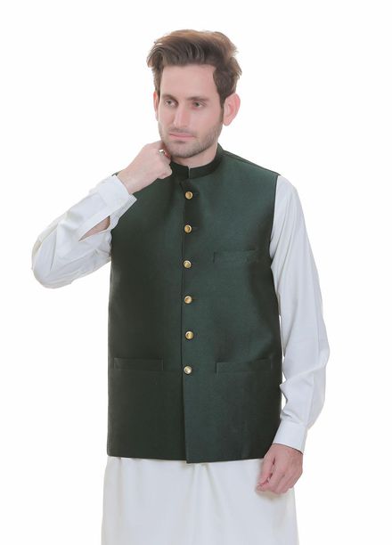 Real Image Jamawar  Waistcoats for Men -  WP-89 Green