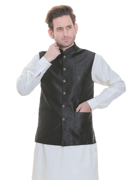 Real Image Jamawar  Waistcoats for Men -  WP-94 Black