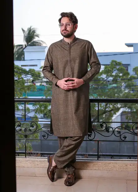  Real Image Wool Embroidered Men Kurta Shalwar - D - 513 Brown