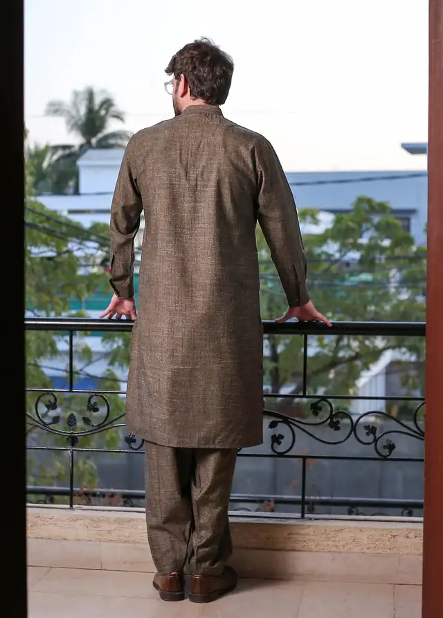  Real Image Wool Embroidered Men Kurta Shalwar - D - 513 Brown