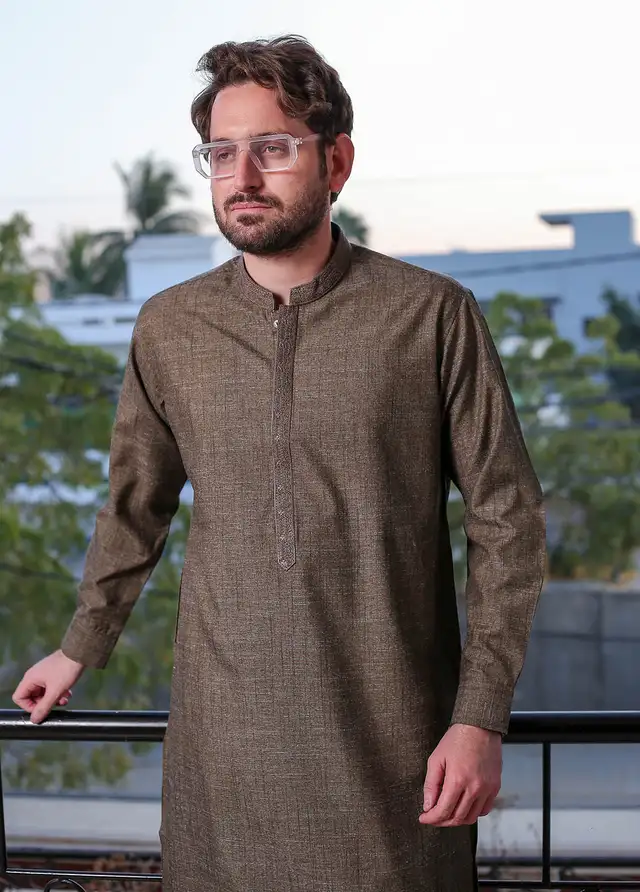  Real Image Wool Embroidered Men Kurta Shalwar - D - 513 Brown