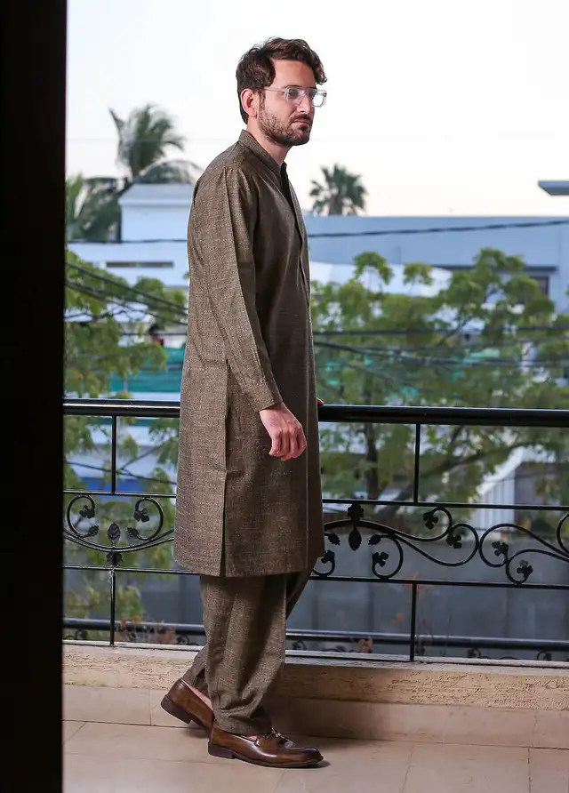  Real Image Wool Embroidered Men Kurta Shalwar - D - 513 Brown