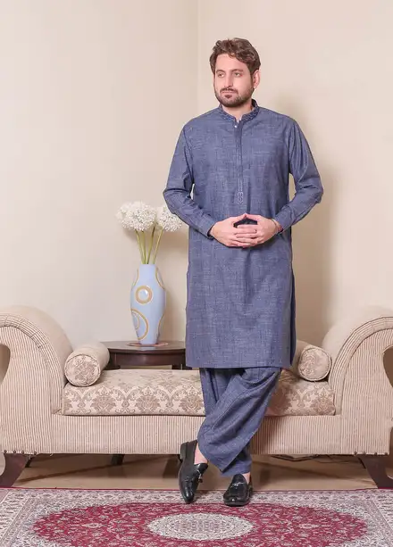  Real Image Wool Embroidered Men Kurta Shalwar - D - 514 Blue