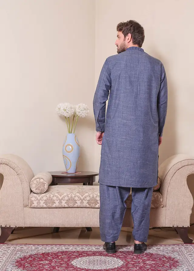  Real Image Wool Embroidered Men Kurta Shalwar - D - 514 Blue