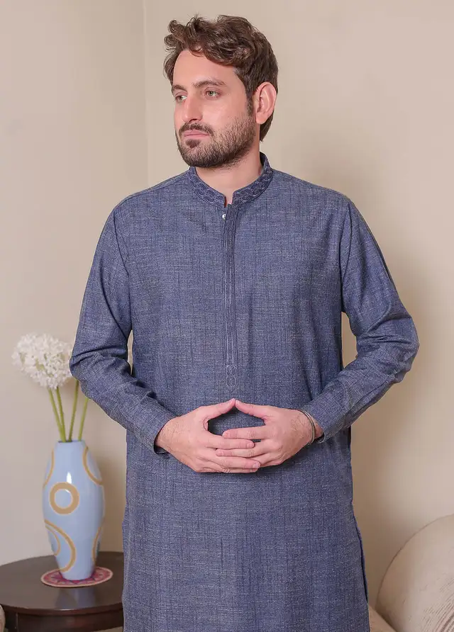  Real Image Wool Embroidered Men Kurta Shalwar - D - 514 Blue