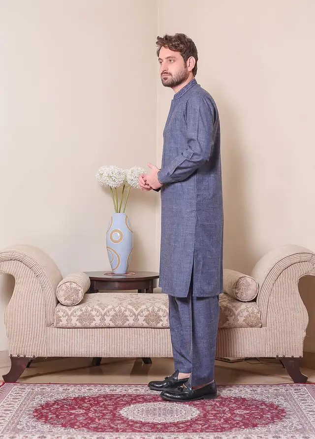  Real Image Wool Embroidered Men Kurta Shalwar - D - 514 Blue