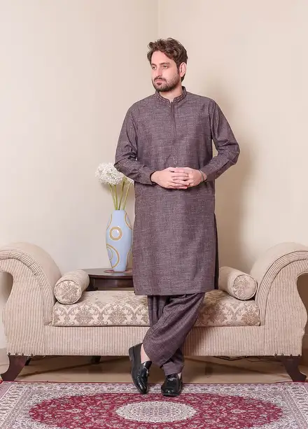  Real Image Wool Embroidered Men Kurta Shalwar - D - 514 Brown