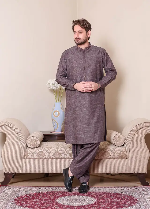  Real Image Wool Embroidered Men Kurta Shalwar - D - 514 Brown