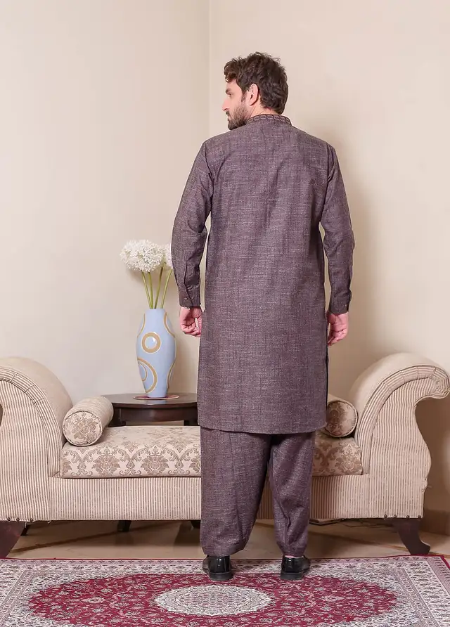  Real Image Wool Embroidered Men Kurta Shalwar - D - 514 Brown
