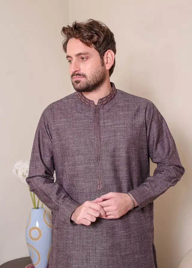  Real Image Wool Embroidered Men Kurta Shalwar - D - 514 Brown