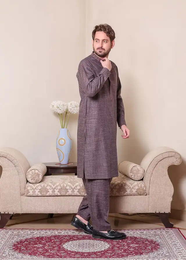  Real Image Wool Embroidered Men Kurta Shalwar - D - 514 Brown