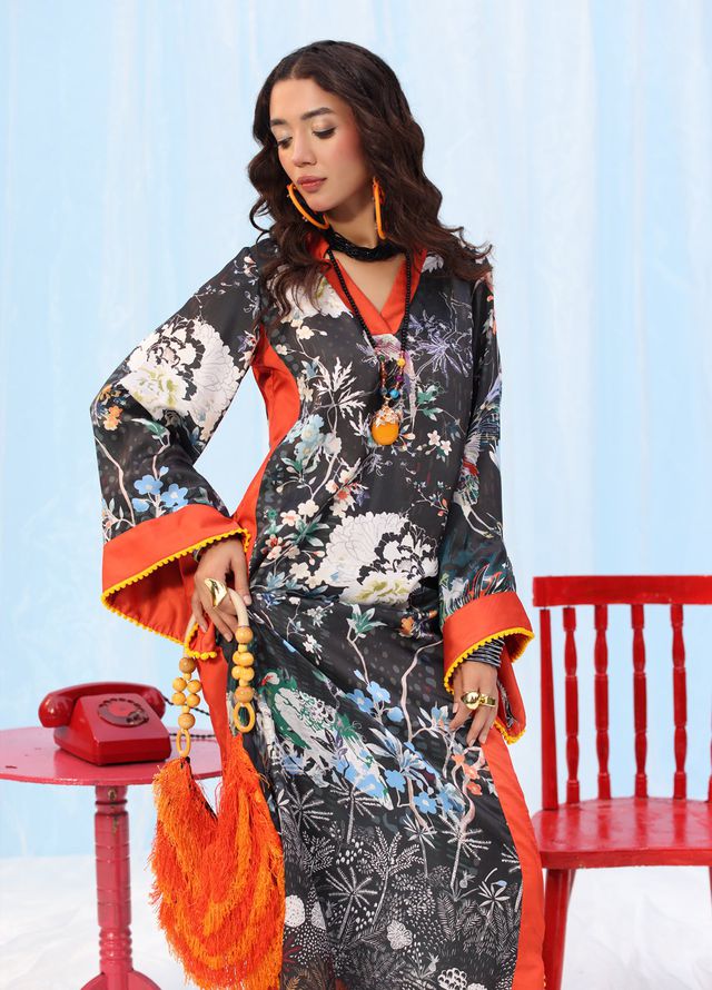 Rush Hour by Musferah Saad Pret Printed Silk 1 Piece Suit Black Orchard