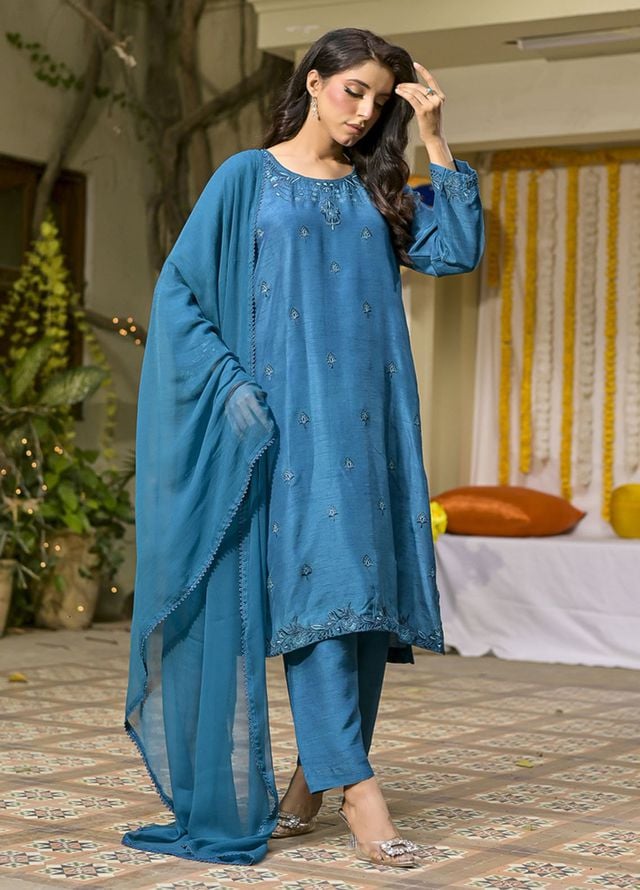 Silcot Pret Embroidered Slik 3 Piece Suit Azure Elegance