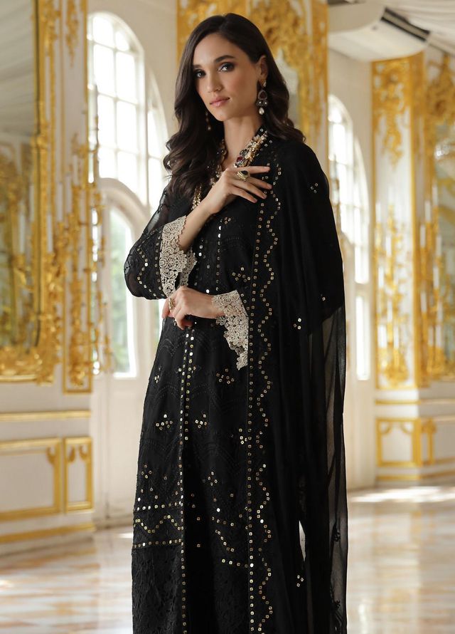 Merakish By Shahzeb Textiles Embroidered Chiffon Suits Unstitched 3 Piece ST23MK-V9 Royal Black - Luxury Collection
