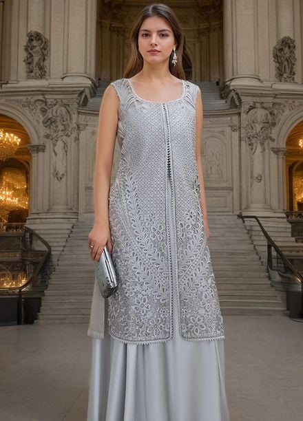 Thread and Motifs Pret Embroidered Net 3 piece Suit 9542-Grey