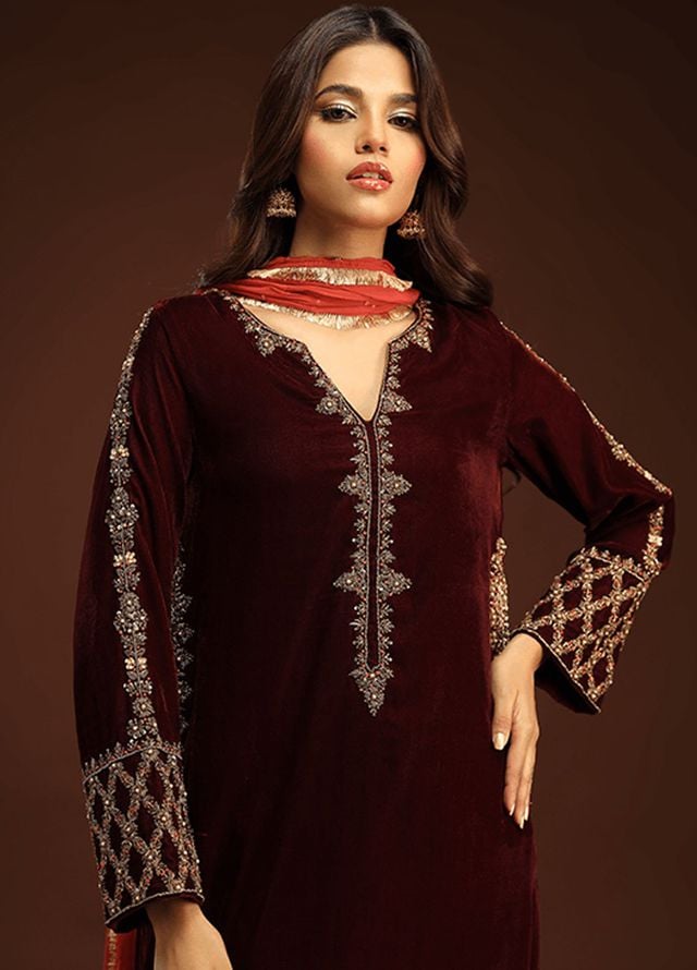 Zaaviay Pret Embroidered Velvet 3 Piece Suit Hazel