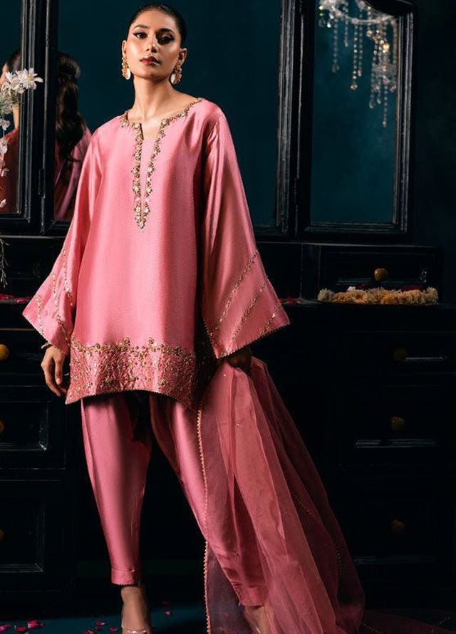 Zaaviay Pret Embroidered Silk 3 Piece Suit Tea Pink Splendor