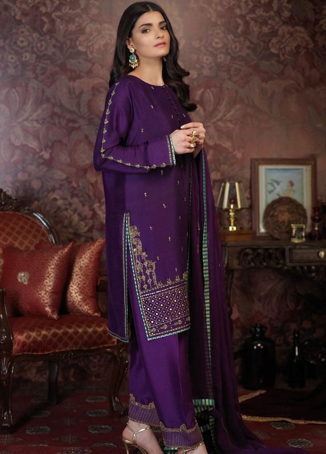Zaaviay Pret Embroidered Raw Silk 3 Piece Suit Meher