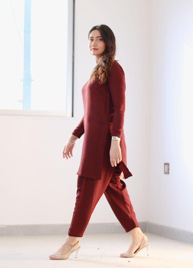 Zauk Casual Pret  Raw Silk 2 Piece Dress ZK23CW Maroon two piece