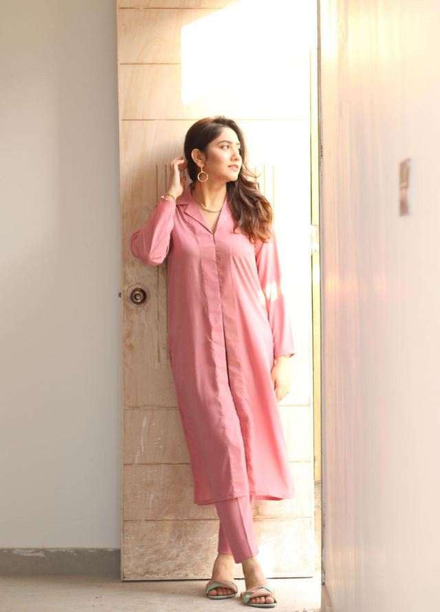 Zauk Casual Pret  Crepe 2 Piece Dress ZK23CW Flamingo pink two piece