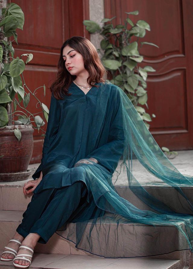 Zauk Casual Pret  Georgette 3 Piece Dress ZK23CW Teal blue three piece